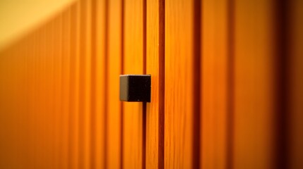 Closeup of Black Square Cabinet Knob on Orange Wood Paneling