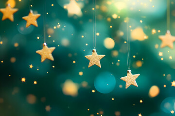 A blurred green background adorned with tiny golden stars, creating a festive atmosphere for Christmas or Valentine's Day celebrations.