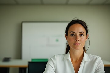 confident woman in modern office standing at whiteboard presenting financial strategies to colleagues