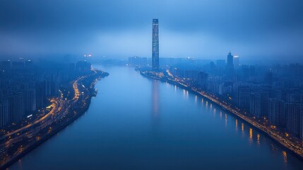 Fototapeta premium Serene Nanchang Skyline at Dusk: River Reflection
