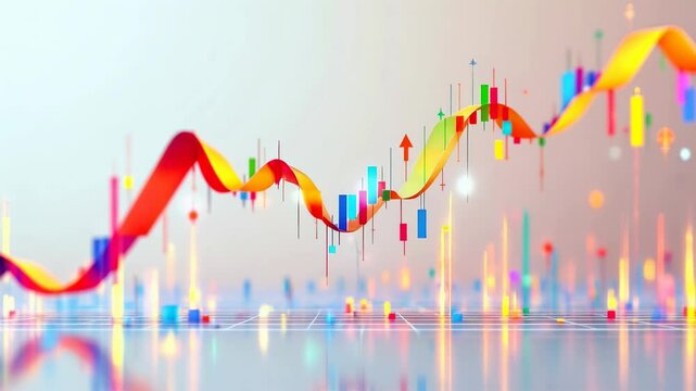 Dynamic colorful stock market chart on white background. Trading investment charts. Financial graph with glowing candlesticks and arrow. Concept for business, analysis, burse exchange. Bourse buoyant.