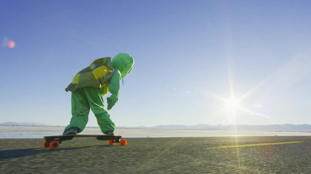 Turtle costume guy riding longboard on desert road, steady cam shot