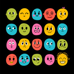 Funny cartoon faces. Drawing set of facial expressions. Flat style characters