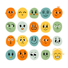 Funny cartoon faces. Drawing set of facial expressions. Flat style characters