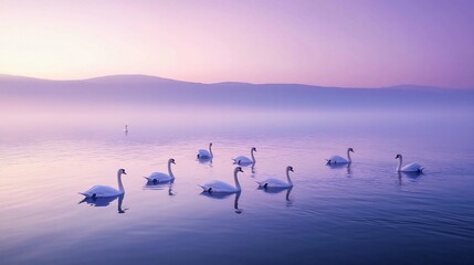Nine white swans gracefully glide across the calm lake in a serene pink and purple dusk