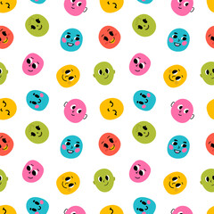 Seamless pattern of colorful smiling faces. Funny smiling cartoon characters