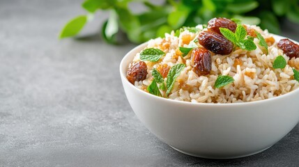 Sweet rice with dates and mint in bowl
