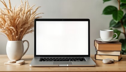 Cozy workspace setup with silver laptop on wooden table. Dry flower arrangement in white vase adds touch of warmth. Books, cup of coffee complete scene. Modern tech meets comfy atmosphere. Blank