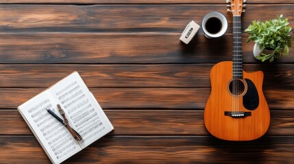Fototapeta premium Cozy Home Music Setup with Acoustic Guitar, Sheet Music, Coffee Mug, and Green Plant on Wooden Table