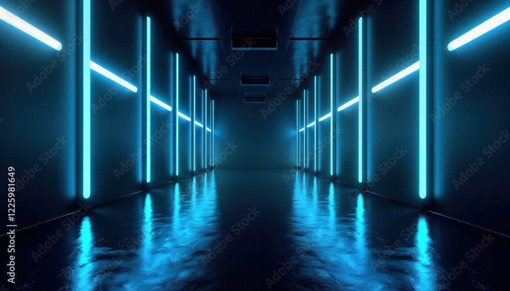 Aufkleber empty dark hall bathed in vibrant blue neon light. blue light reflects on glossy floor creating ethe