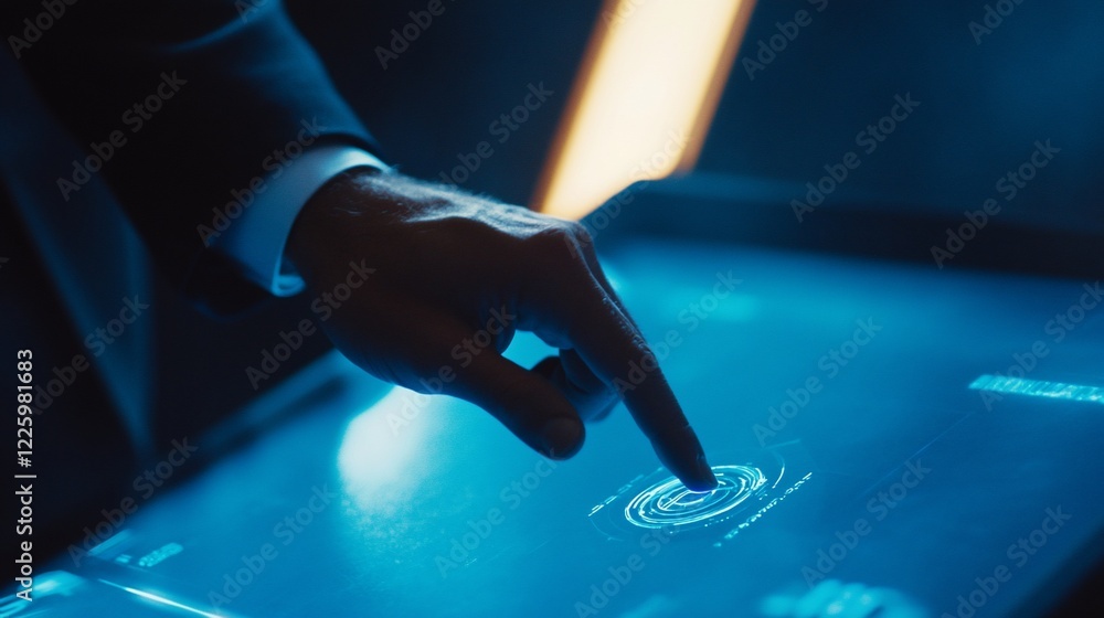 Poster hand interacts with touch screen on a futuristic table technology display