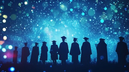 An abstract representation of a graduation ceremony with shimmering caps and gowns floating amidst a backdrop of stars symbolizing aspirations and achievements.