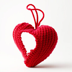 Knitted heart made of red wool threads. light white background.