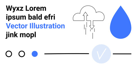 Abstract elements including cloud with rain arrows, blue raindrop, circles, and lines. Ideal for weather apps, UIUX design, minimalism, technology digital interfaces branding clean design. Landing