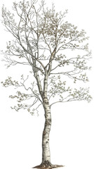 Detailed Illustration of a Bare Tree With Budding Leaves and Intricate Branches in Monochrome - Vintage Illustration, Isolated on White Transparent Background, PNG