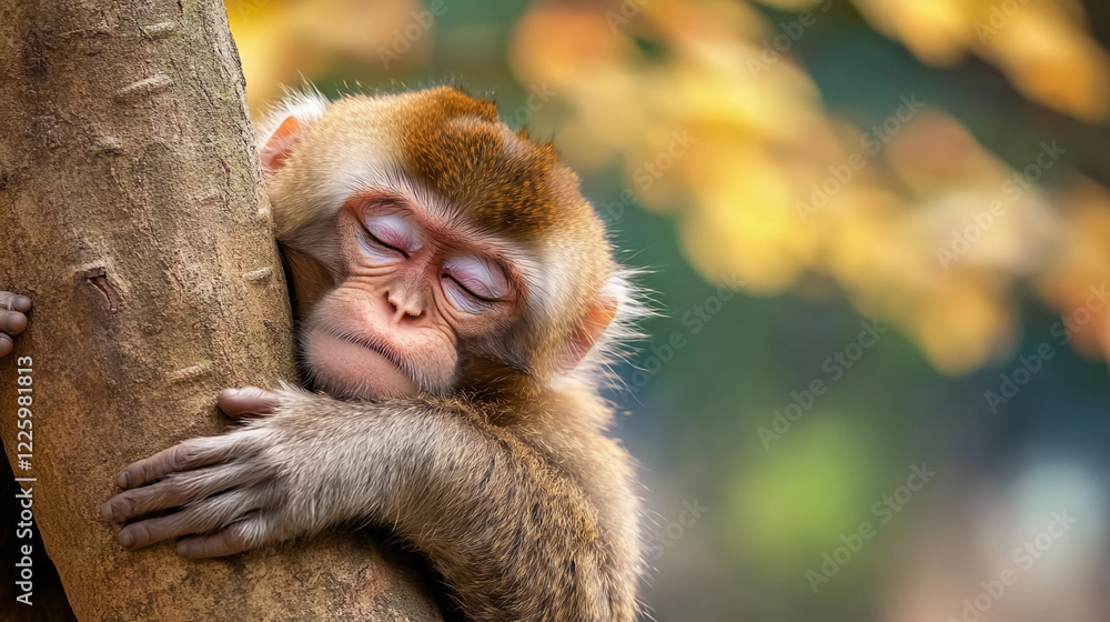 Poster adorable monkey sleeping peacefully while hugging a tree trunk in a natural setting, symbolizing tra
