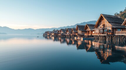 Obraz premium Tranquil Waterfront Retreat: A Serene Morning View of Overwater Bungalows and Distant Mountains