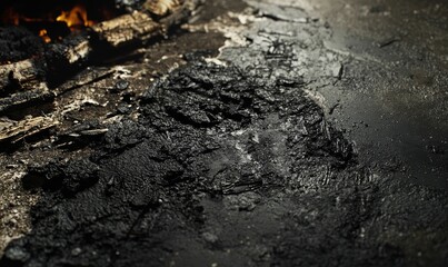 Charred wood and ash with flames visible.