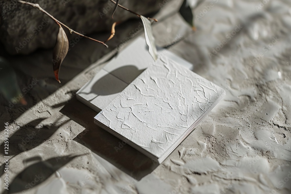Aufkleber greeting cards with a unique texture are laying on a concrete surface with dried eucalyptus