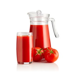 A refreshing glass and jug of freshly squeezed tomato juice, accompanied by two ripe tomatoes, perfect for a healthy snack or meal addition, bursting with flavor and nutrition.