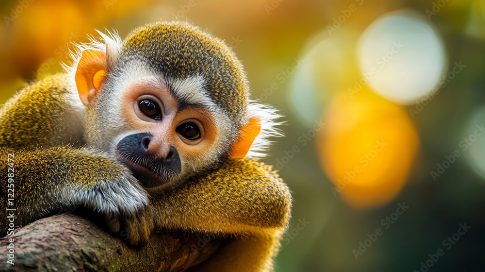 Poster curious monkey resting on a tree branch in a natural environment, symbolizing connection to nature, 