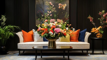 Floral arrangements decorate a stylish, dark-walled seating area.