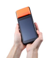 Woman with payment terminal on white background, closeup