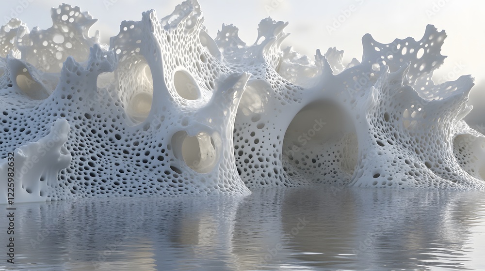 Poster abstract porous structure floating on water 3d render
