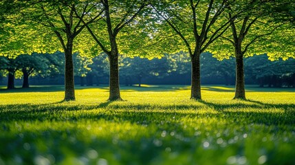 Serene Springtime Meadow: Sunlit Trees and Lush Grass