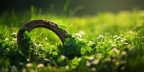 Lucky Horseshoe with Four-Leaf Clovers for Good Fortune