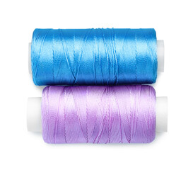 Spools of bright sewing threads isolated on white, top view