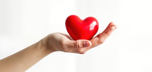 Hand holds red heart on transparent background. Love, care concept. Perfect for social media posts related to well-being health care. Suitable for diverse projects, including romantic charitable
