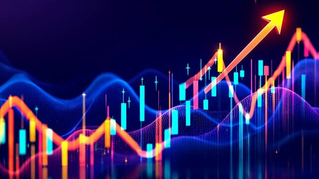 Dynamic colorful stock market chart on dark background. Trading investment charts. Financial graph with glowing candlesticks and arrow. Concept for business, analysis, burse exchange. Bourse buoyant