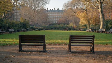 Autumnal Serenity in a London Square: Two Benches Facing a Tranquil Lawn