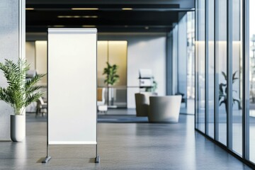  Modern office interior with blank pull-up banner mockup for advertising and branding presentations.