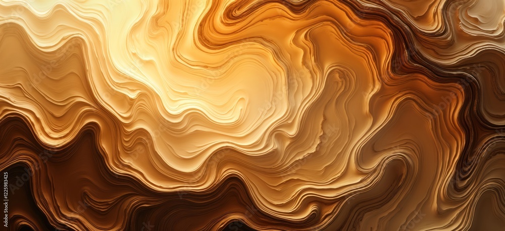 Fototapete Abstract design with bright golden, brown colours. Complex curves, swirling patterns create 3D effect. Dynamic design evokes energy, creativity. Unique fractal shapes suggest surreal futuristic