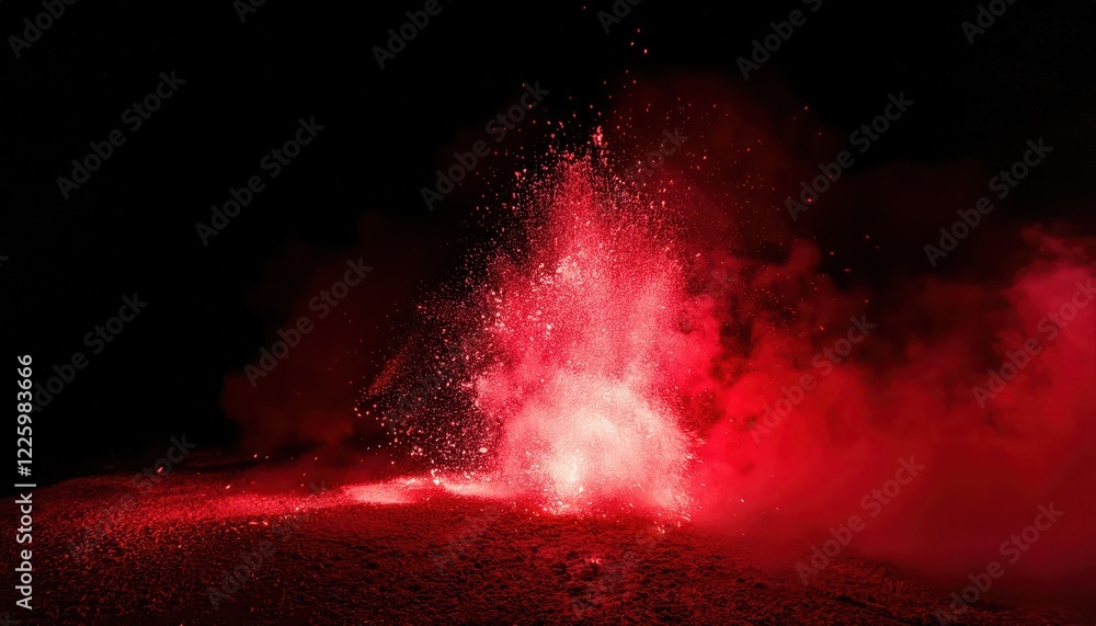 Poster mysterious red particle eruption a captivating display of science and spectacle in a darkened indust