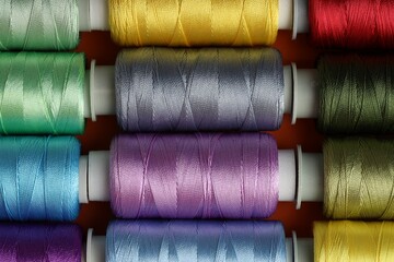 Different spools of sewing threads on table, top view