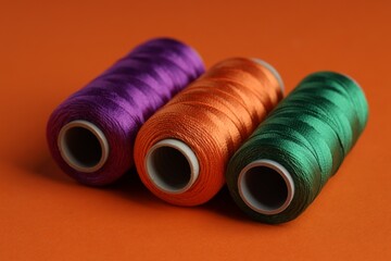 Different spools of sewing threads on orange background, closeup