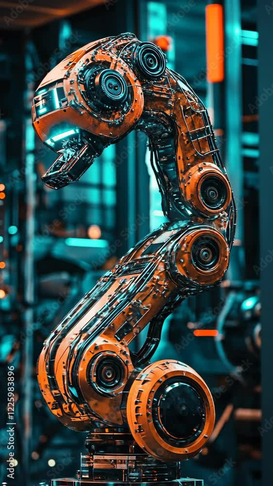 Poster robot arm sculpture in futuristic workshop showcasing intricate design and automation technology dur