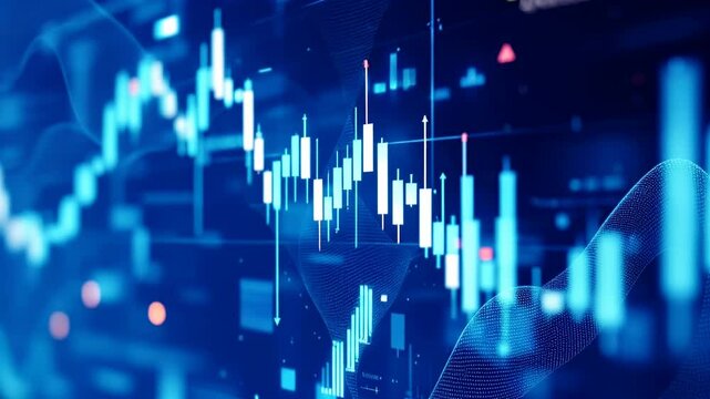 Dynamic blue stock market chart on dark background. Trading investment charts. Financial graph with glowing candlesticks. Concept for business, analysis, burse exchange. Bourse buoyant footage. 