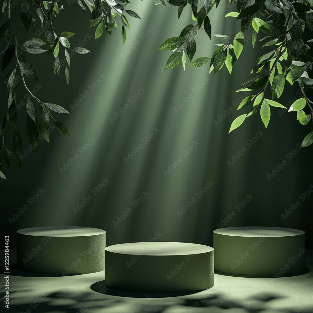 Poster minimal green podium surrounded by soft lighting and leafy branches, creating an eco-friendly settin