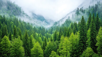 Obraz premium Misty mountain valley, dense evergreen forest, scenic landscape, nature background, travel poster