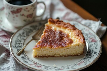 A slice of creamy cheesecake on a vintage plate beside a cup of coffee, with a cozy background setting