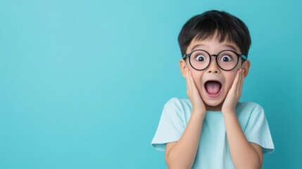 Excited young boy in round glasses expressing surprise with hands on face against a turquoise background
