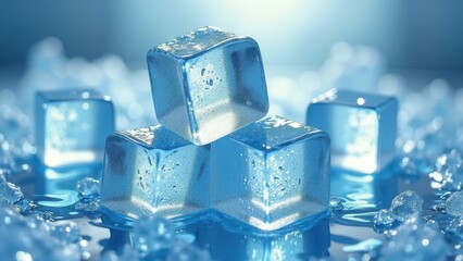 Fresh ice cubes stacked and melting on a reflective surface with water droplets	