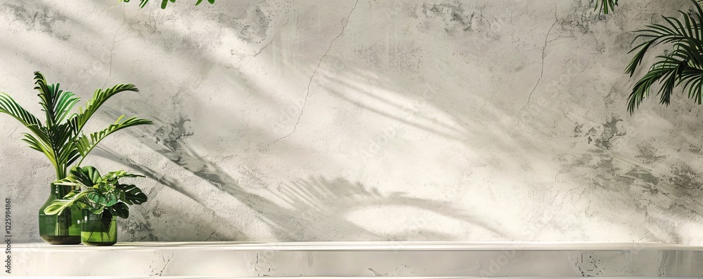 Poster houseplants casting shadows on an empty shelf against a textured wall background for product placeme