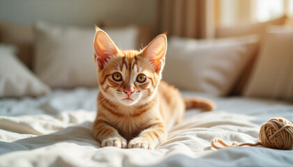 Curious tabby kitten playing with yarn in bright bedroom, morning joy