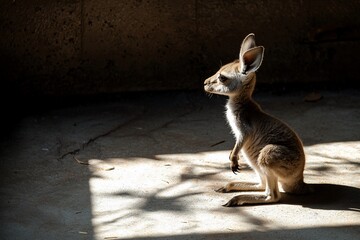 Young kangaroo sitting in a sunlit corner, casting shadows on the ground in a serene environment