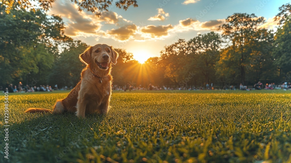 Poster a joyful golden retriever sits on lush green grass while the sun sets in the background, casting a g